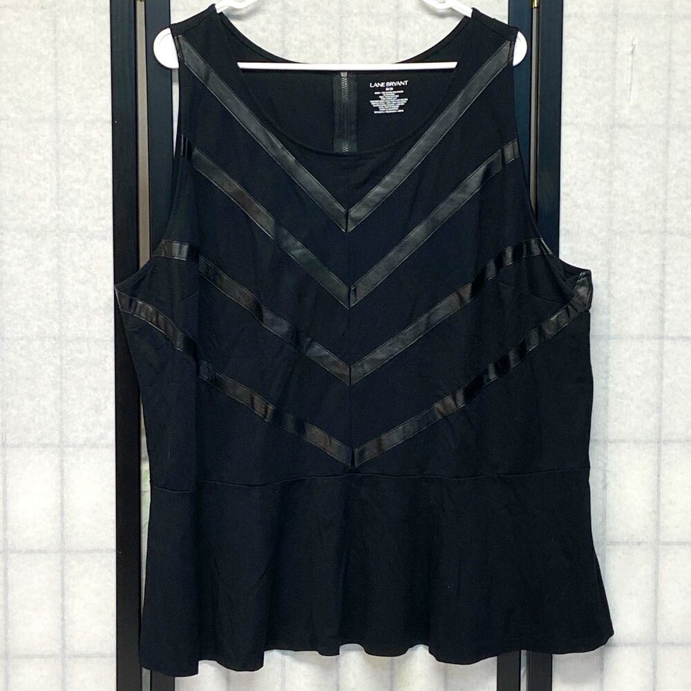 Lane Bryant 26/28 Black Swing Peplum Top Pleather Stripe Scoop Neck Sleeveless